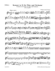 Mozart: Concerto No 2 in D K314 for Flute published by Barenreiter - Individual Part - Violin 1