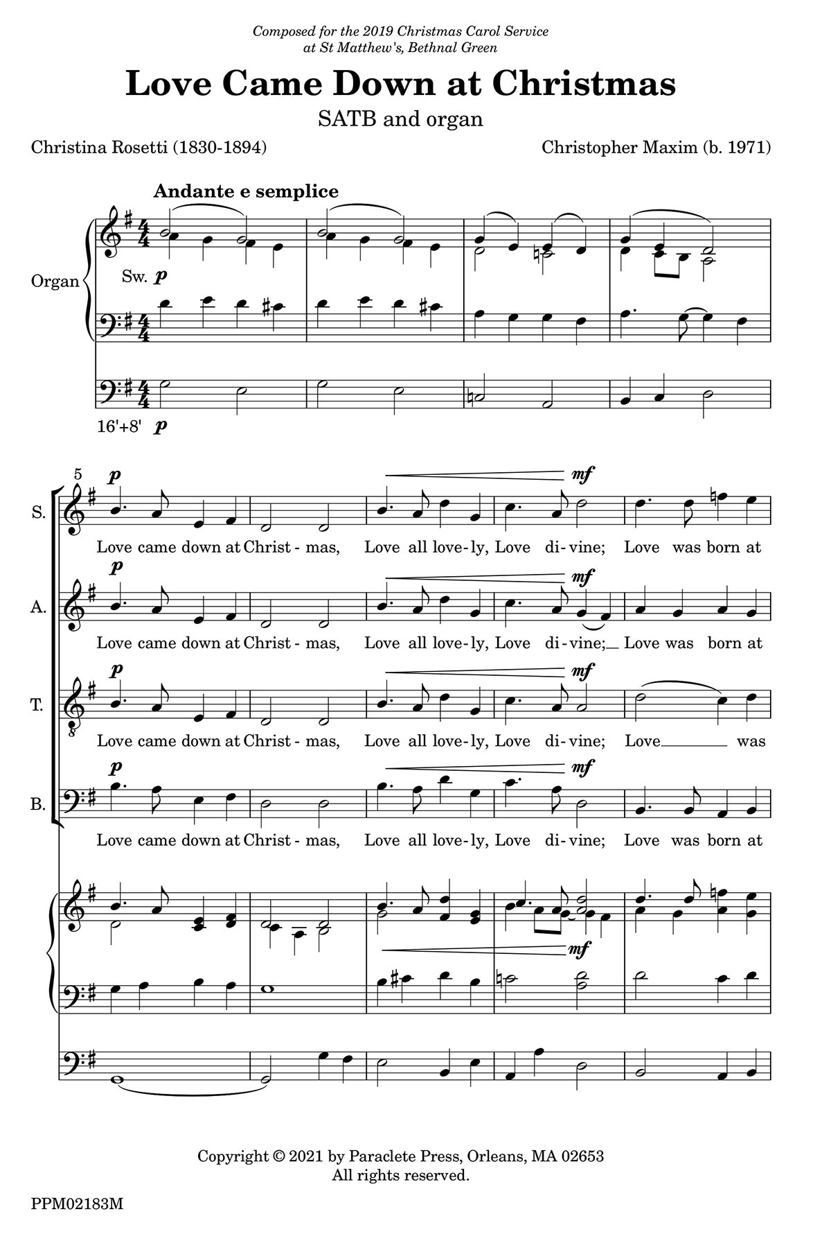 Maxim: Love came down at Christmas SATB published by Paraclete