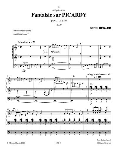 Bedard: Fantaisie sur 'Picardy' for Organ published by Cheldar