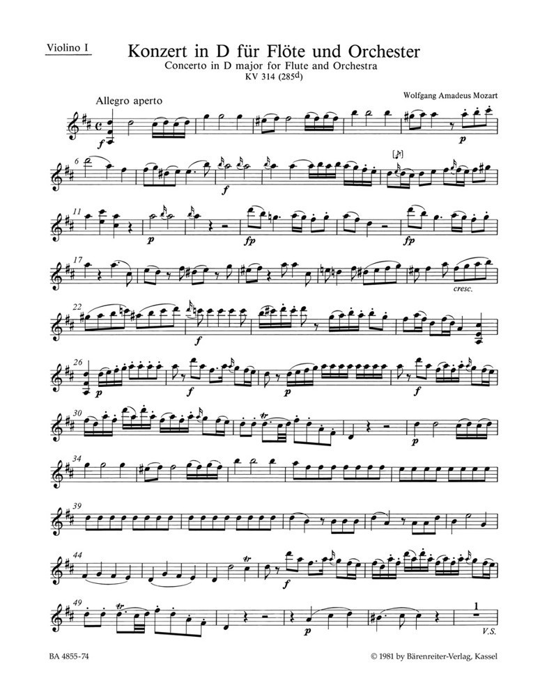 Mozart: Concerto No 2 in D K314 for Flute published by Barenreiter - Individual Part - Violin 1