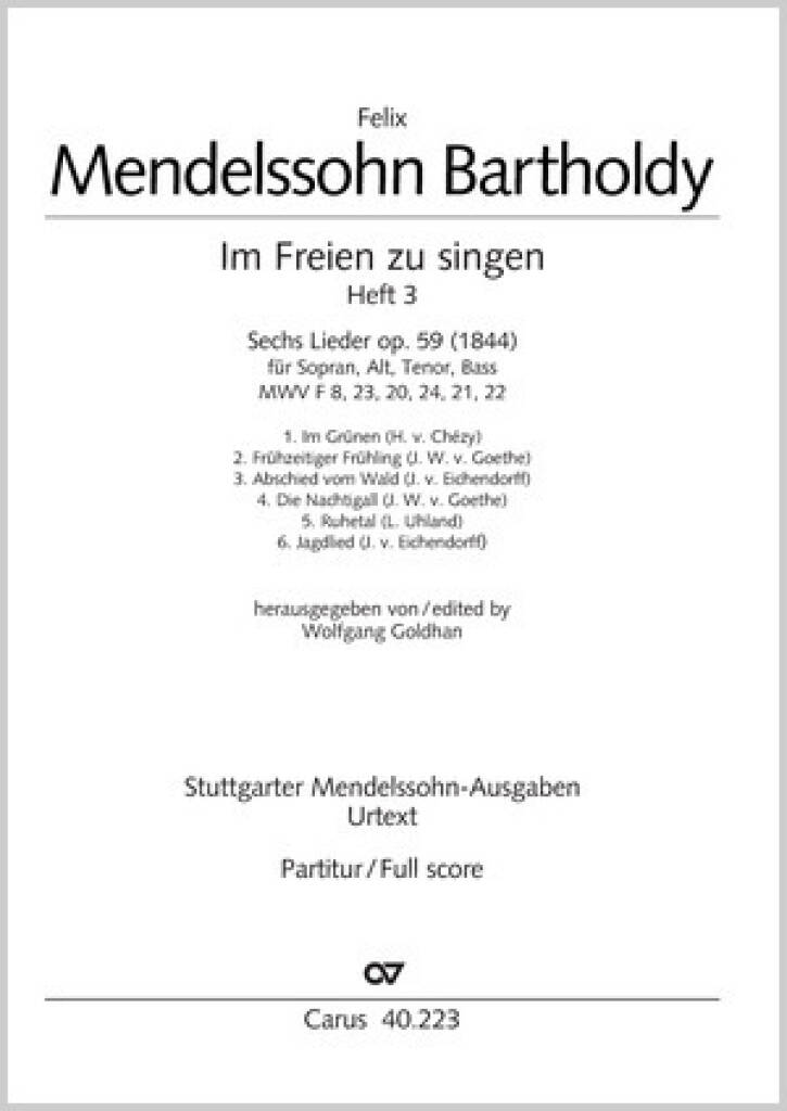 Mendelssohn: Im Freien zu singen Heft 3 published by Carus