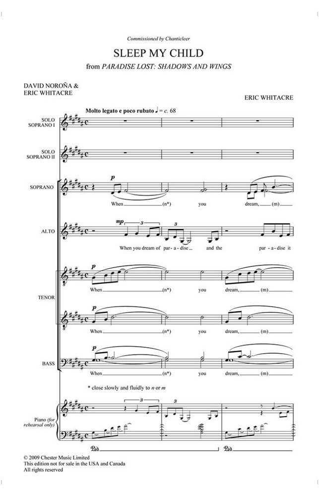 Whitacre: Sleep My Child SATB published by Shadow Water